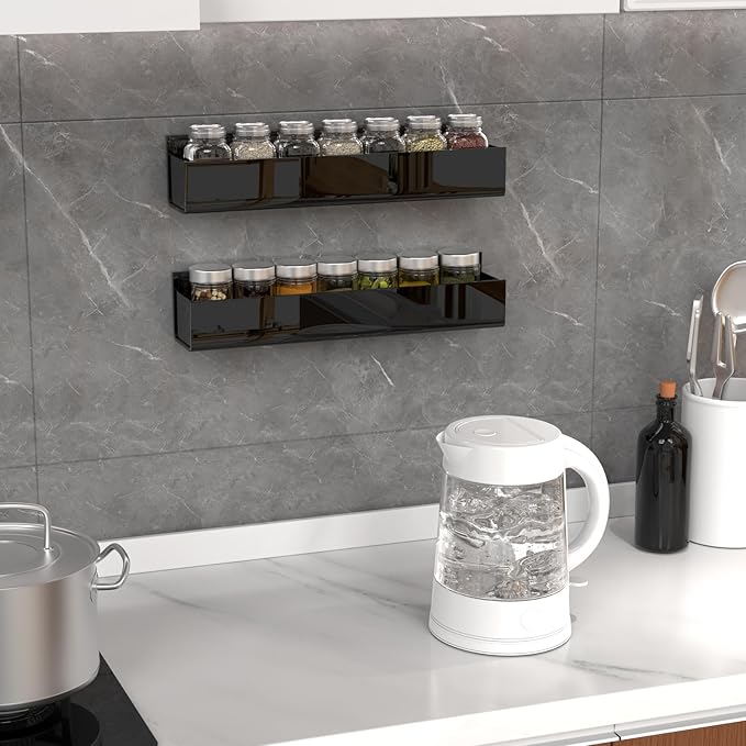 PMMASTO Adhesive Acrylic Spice Rack Organizer for Wall with Nano Double Sided Tape, Spice Shelf Organization for Kitchen Cabinet Door/Pantry Door, Wall Mount Seasoning Rack (Black-2 Pack)-Ruum Studio Home