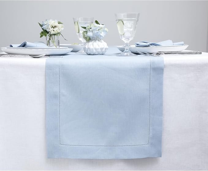 Solino Home Linen Sky Blue Table Runner 156 Inches Long - 100% Pure Linen Extra Long Table Runner 14 x 156 Inch - Classic Hemstitch-Ruum Studio Home