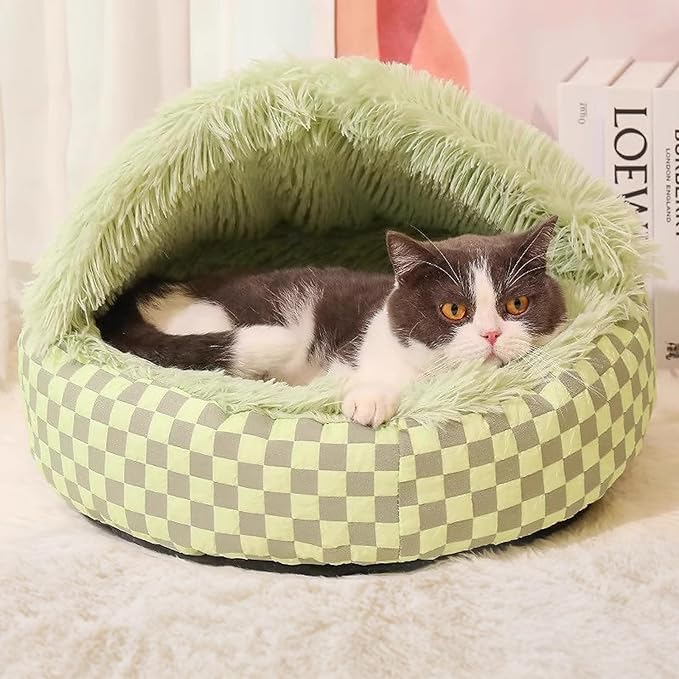 Cat Bed Hooded Plush Nest with Self-Warming Cozy Cave, Calming Anti-Anxiety Pet Bed for Indoor Cats & Small Dogs, Removable Washable Cover & Waterproof Bottom - Green-Ruum Studio Home