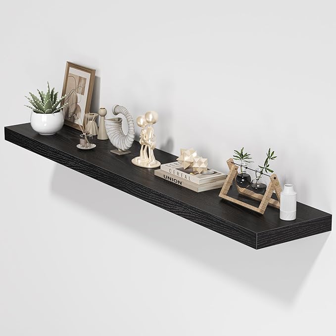 Floating Shelves for Wall, 55"W x 9.3"D x 1.5"H, Long Wooden Wall Mounted Display Shelves with Invisible Brackets for Living Room, Bedroom, Bathroom, Kitchen Decor and Storage, Set of 1, Black-Ruum Studio Home