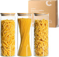 ComSaf Glass Spaghetti Pasta Storage Container with Lids 2 Qt Set of 3, Tall Clear Airtight Food Storage Jar with Wood Cover Kitchen Pantry Storage Container for Noodles Flour Cereal Coffee Beans-Ruum Studio Home