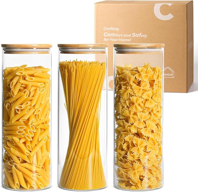 ComSaf Glass Spaghetti Pasta Storage Container with Lids 2 Qt Set of 3, Tall Clear Airtight Food Storage Jar with Wood Cover Kitchen Pantry Storage Container for Noodles Flour Cereal Coffee Beans-Ruum Studio Home