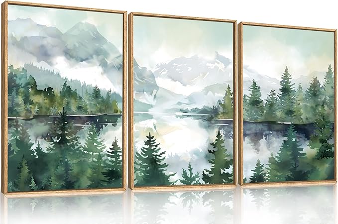 Watercolor Mountain Framed Canvas Wall Art Set, Boho Forest Wall Decor, Nature Green Pines Wall Painting, Forest Wilderness Artwork for Living Room, Bedroom, Dining Room, Office - 16"x24"x3-Ruum Studio Home
