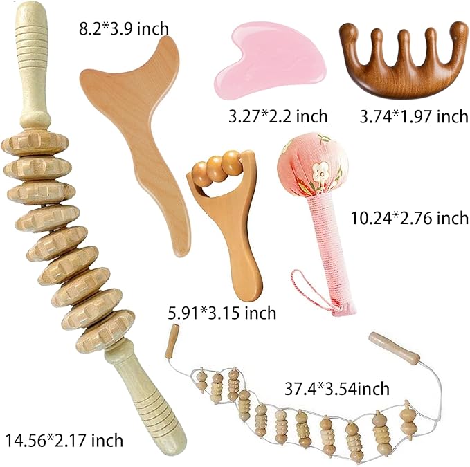 7-in-1 Lymphatic Drainage Massager Set，Wood Therapy & Cellulite Massager Tools for Gua Sha, Full Body Meridian Detox (Face/Head/Waist/Legs)，Maderotherapie Outils for Body Sculpting, lymphatic roller-Ruum Studio Home