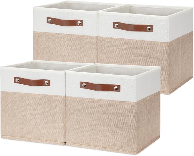 HNZIGE Fabric Storage Baskets Cubes Bins for Shelves, 11 x11 Foldable Storage Bins, Decorative Storage Basket with Leather Handles for Storage Clothes Home Nursery(White Beige-4Pack)-Ruum Studio Home