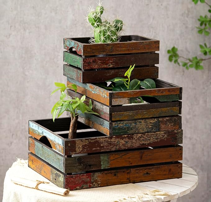 TIMRIS Set of 3 Rustic Distressed Wood Nesting Crates, Farmhouse Decorative Wooden Storage Boxes, Large Vintage Reclaimed Wood Baskets for Display (Random)-Ruum Studio Home