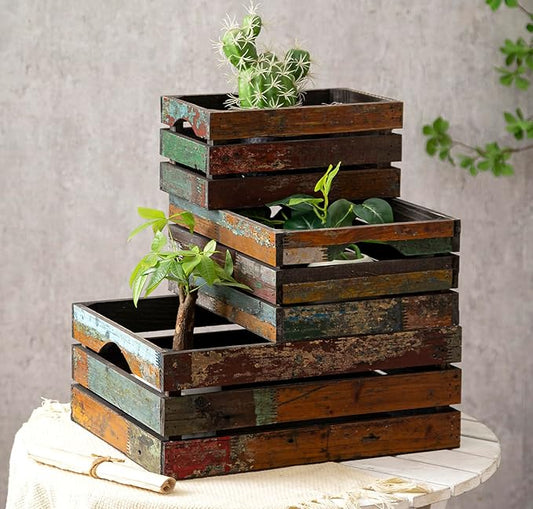 TIMRIS Set of 3 Rustic Distressed Wood Nesting Crates, Farmhouse Decorative Wooden Storage Boxes, Large Vintage Reclaimed Wood Baskets for Display (Random)-Ruum Studio Home