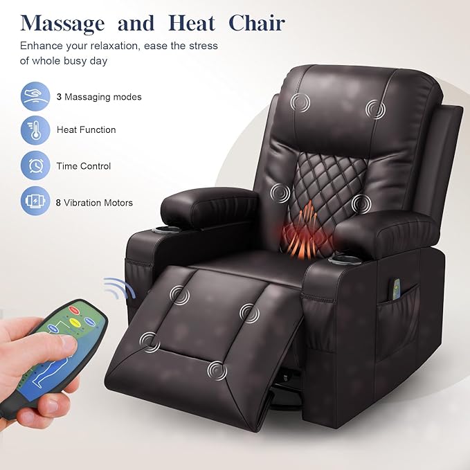 Recliner Chairs for Adults, FSC Certified Massage Rocker with Heated Modern Ergonomic Lounge 360 Degree Swivel Single Sofa Seat Living Room Lounge Recliners Brown-Ruum Studio Home
