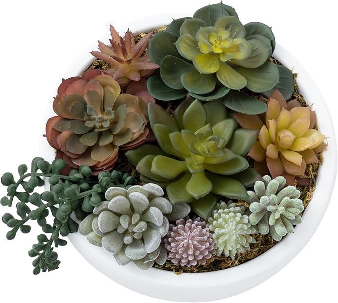 MyGift 8 Inch Round Modern Artificial Succulent Arrangement Potted in White Concrete Plant Bowl, Assorted Faux Mini Succulents in a Decorative Planter Pot-Ruum Studio Home