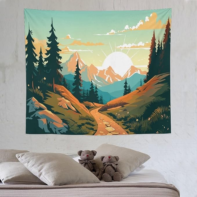 HZOHNAGO Mountain Tapestry Forest Mountain Sunrise Road Pattern Printed Wall Tapestry Wall Hanging for Bedroom Living Room Dorm 60" W x 50" H-Ruum Studio Home
