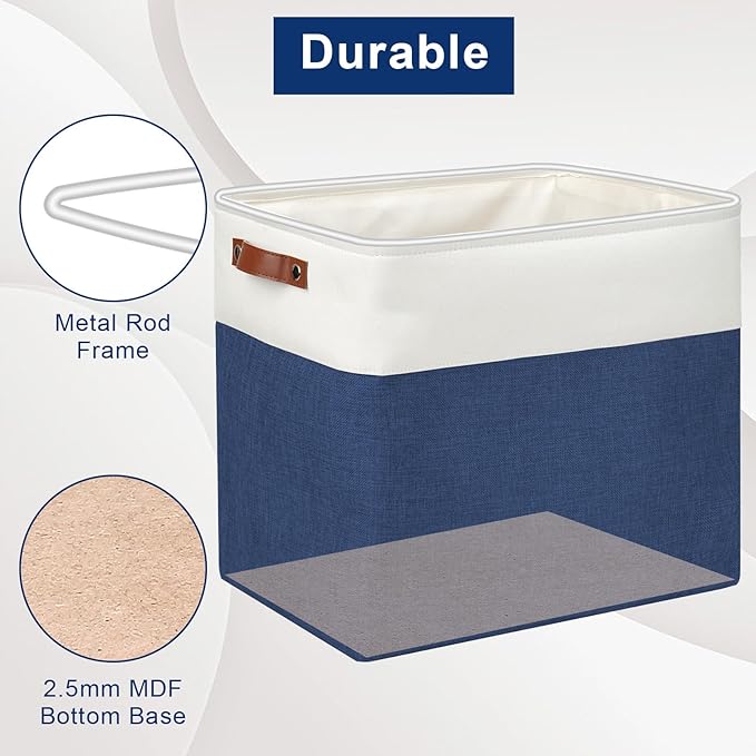 Large Fabric Storage Baskets | 50L Storage Bins, Decorative Linen Closet Baskets with Handles for Organizing, Shelf, Toys, Clothes, Home, Office, Nursery, 17x12x15Inches (Navyblue&White)-Ruum Studio Home