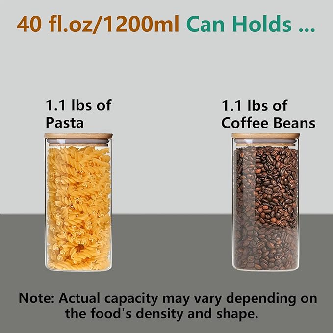 Round Glass Jars Canister with Wood Lid 40 FL OZ [Set of 3], Container Jar with Sealing, Lids for Oat Pasta Flour Cereal Rice Sugar Tea Coffee Beans, Best for Kitchen & Pantry-Ruum Studio Home