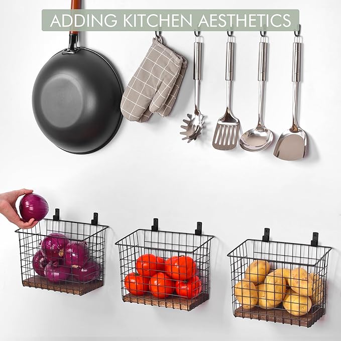 Wall Hanging Baskets 3 Pack, Large Diversified Wire Basket Shelves of Wooden Style, with Wall Mounted Metal Hooks & Traceless Stickers, for Kitchen Coffee Bar Office Room Garage Storage Organization-Ruum Studio Home