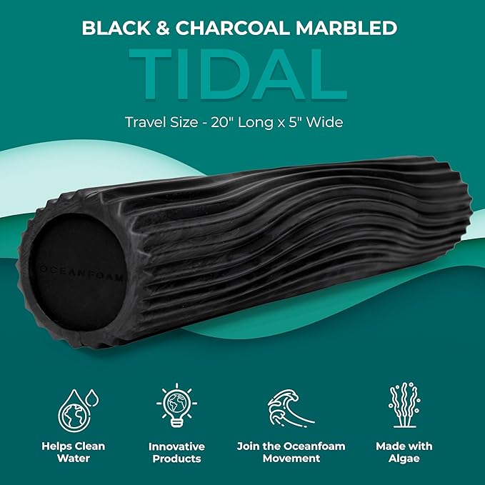 Oceanfoam Tidal Roller - Black & Charcoal Marbled - Muscle Massage Foam Roller for Back Pain & Stretching - Firm and Ergonomic Wide Wave Textured - Yoga, Athletics, & Wellness - Full Size, 20" x 5"-Ruum Studio Home