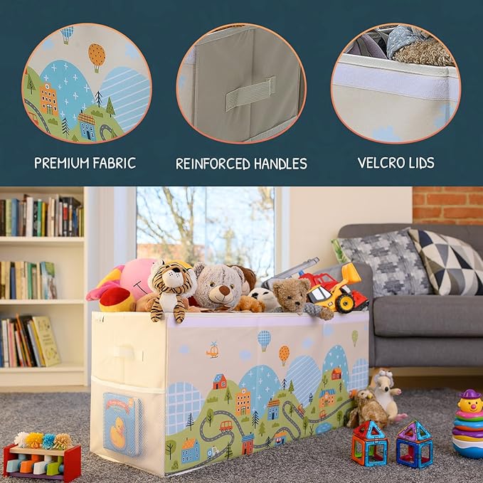 Extra Large Toy Storage Organizer with Lid - Sturdy, Collapsible Toy Chest Storage Box with Cute Design - Toys Bin with Dividers for Kids, Boys, Girls, Nursery, Bedroom, Play room 37"x16"x14"-Ruum Studio Home