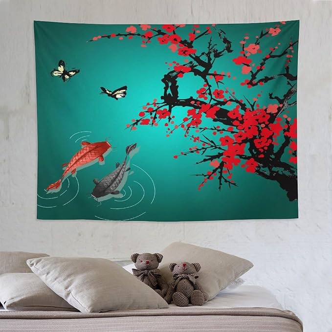 Houselerax Japanese Koi Fish Tapestry, Cherry Blossoms Asian Oriental Green Teal Floral Branch Koi Fish Carp Tapestries Wall Hanging for Bedroom Living Room Office Decor 80"x60"-Ruum Studio Home