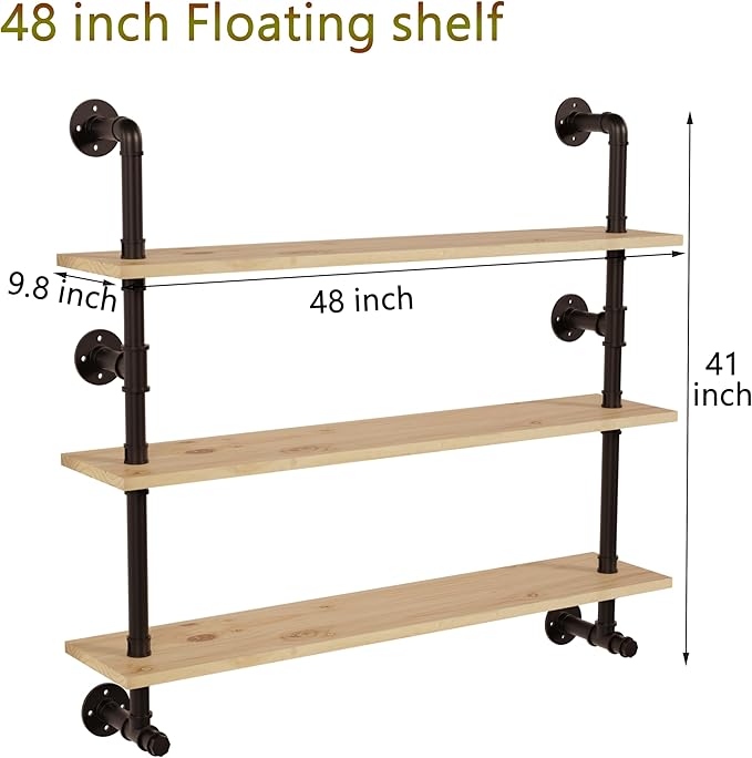 Industrial Pipe Wall Shelves Pipe Shelving with Real Wood Plank,48 Inches Floating Shelves for Wall Farmhouse Pipe Book Shelves Dark Brown 3 Tier for Kitchen,Living Room Decor and Bar Shelving-Ruum Studio Home