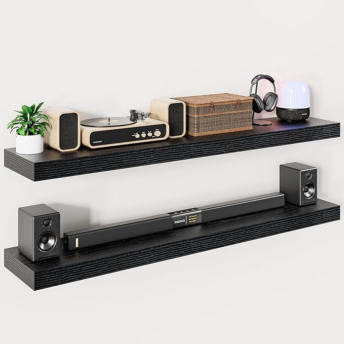 Heimlove 55 Inch Long Floating Shelves for Wall,9.3" Deep Black Floating Shelf Set of 2,Large Display Shelf & Storage Shelf,Wall Mounted Shelves for Bedroom Living Room Kitchen Office-Ruum Studio Home