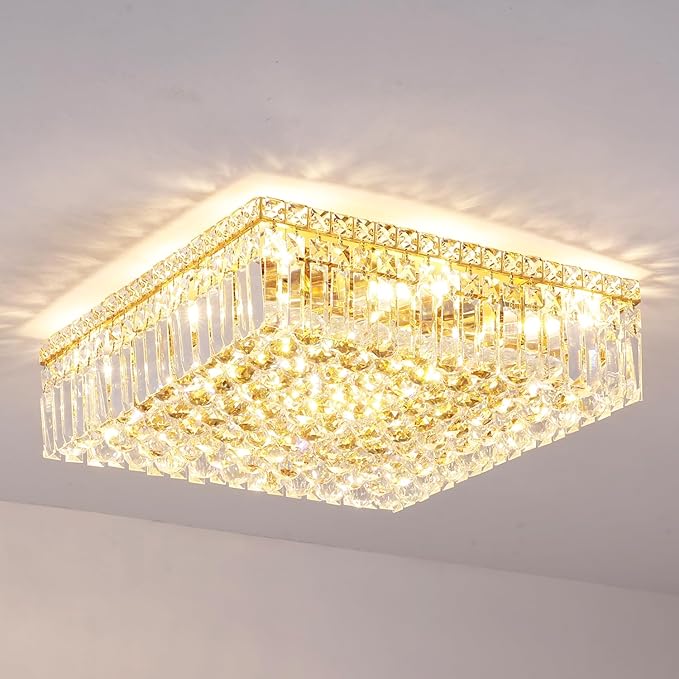 12-Lights Gold Crystal Flush Mount Ceiling Light Fixtures,Elegant Crystal Chandelier Pendant Ceiling Lamp for Bedroom,Living Room,Dining Room,Hallway H5.9 x W20 x L20 (Bulb Not Included) Square-Ruum Studio Home