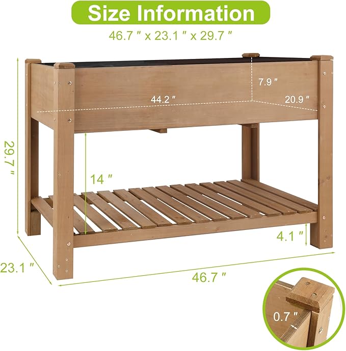 Raised Garden Bed with Legs - Elevated Wooden Planter Box, Durable Fir Wood, Reinforced Frame with Drainage Holes, Liner, and Storage Shelf for Vegetables, Herbs, Flowers, 47" x 23" x 30"-Ruum Studio Home