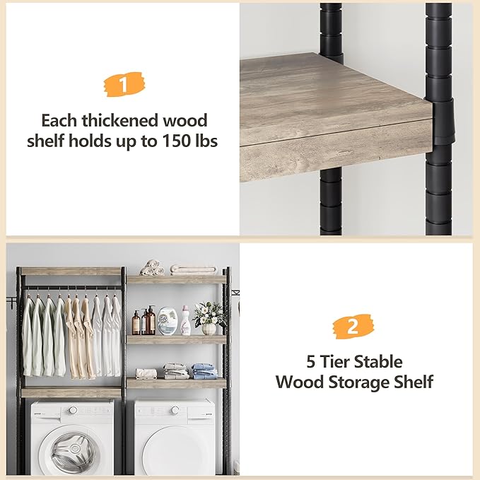 Double Row Over Washer and Dryer Storage Shelves, Laundry Room Organization and Storage, Heavy Duty Laundry Room Shelves, with Adjustable Height, 5-Tier-Ruum Studio Home