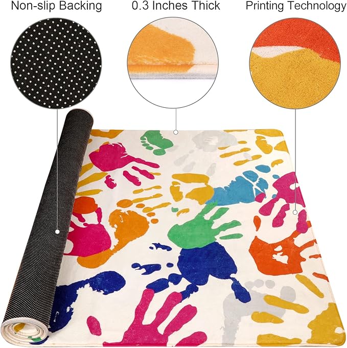 STARUIA Handprints and Footprints Large Kids Rug 5'x7', Washable Colorful Area Rug for Nursery Room, Non-Slip Play Mat Ultra Soft Indoor Carpet for Bedroom Playroom Classroom-Ruum Studio Home