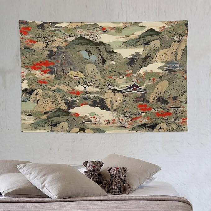 Asian Tapestry,Japanese Red Landscape Asian Watercolor Abstract Art Tapestry, Asian Japanese Wall Tapestry, Nature Landscape Tapestries for Bedroom Living Room Decor 60"x40"-Ruum Studio Home