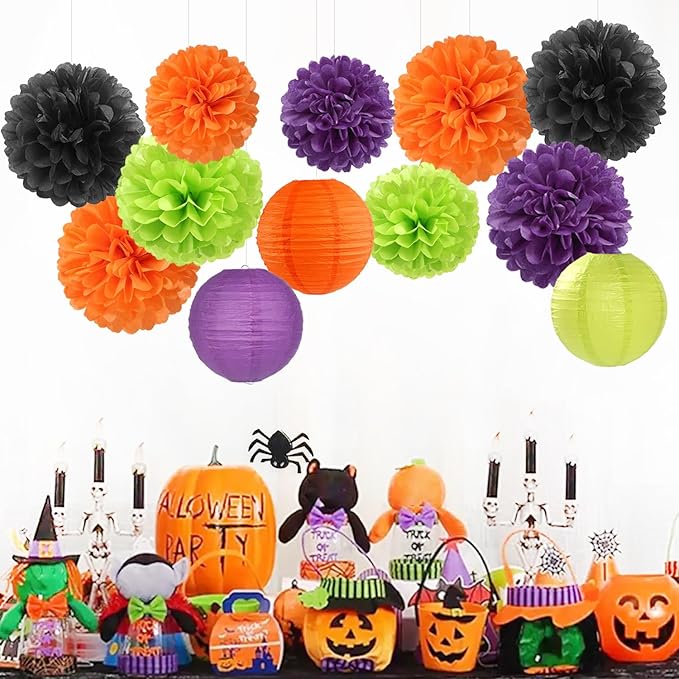Black-Orange Purple Green Halloween Party-Decorations - 15PCS Paper Flowers Lanterns Tissue Pom Poms Streamers,Vintage Birthday Baby Shower Bachelorette Wedding Bathroom Hanging Supplies Decor Hugfond-Ruum Studio Home