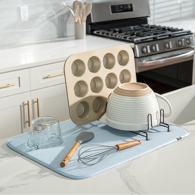 S&T INC. Dish Drying Mat XL, 18” x 24”, Absorbent Microfiber Kitchen Counter Mat, Dish Drying Pad for Dishes, Utensils, Pots and Pans, Extra Large, Sky Blue-Ruum Studio Home