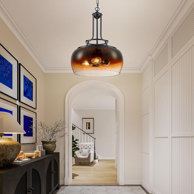 WUZUPS Chandelier Rustic Farmhouse Industrial Round Ceiling Pendant LED Light Fixture with Amber Gradient Black Glass Shade for Dining Room Kitchen Island Foyer Entryway, H 20.9" W 15.9", E26 Base-Ruum Studio Home