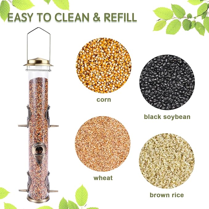 MIXXIDEA 2PK Metal Wild Bird Feeder Squirrel Proof Bird Feeders for Outside Hanging 6 Port Tube Bird Feeder Transparent Finch Feeder with Steel Hanger (Bronze)-Ruum Studio Home