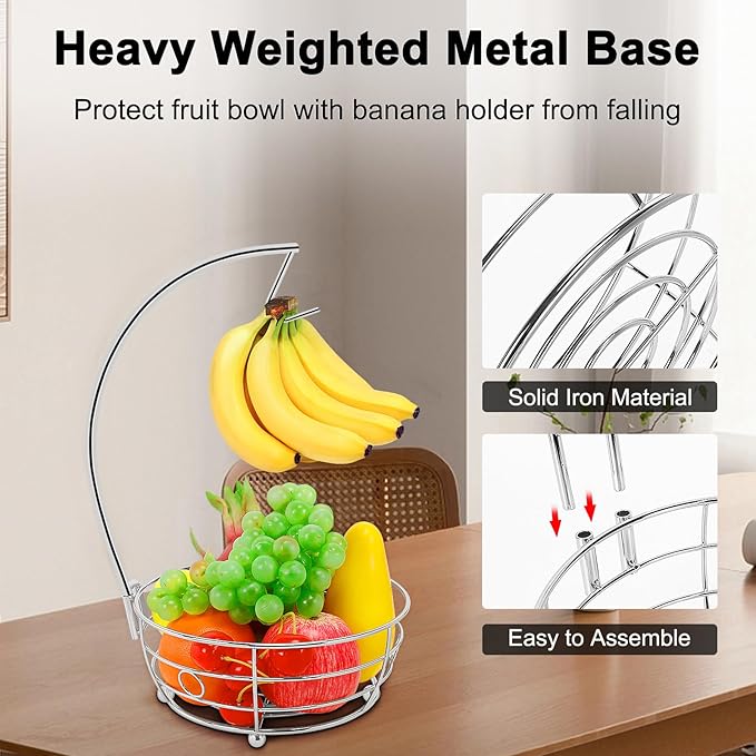 Livabber Countertop Fruit Basket Bowl with Banana Hanger, Modern Standing Fruit Vegetable Bowl Storage, with Banana Tree Holder for Kitchen Dinning Table (Round Metal, Chrome)-Ruum Studio Home