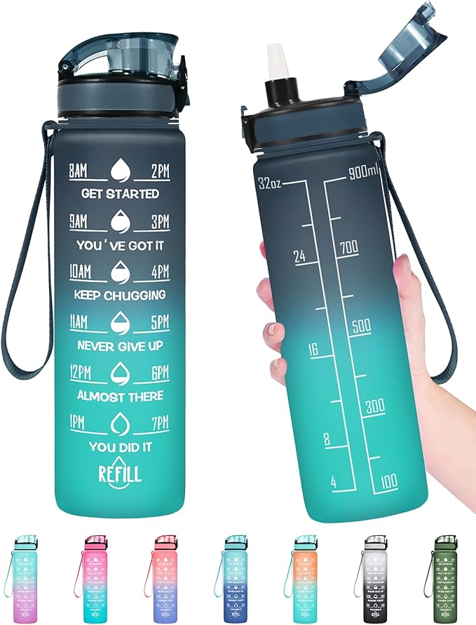 Enerbone Water Bottle, Leakproof BPA & Toxic Free, Motivational Water Bottle with Times to Drink and Straw, Fitness Sports Water Bottle with Strap for Office, Gym, Outdoor Sports-Ruum Studio Home