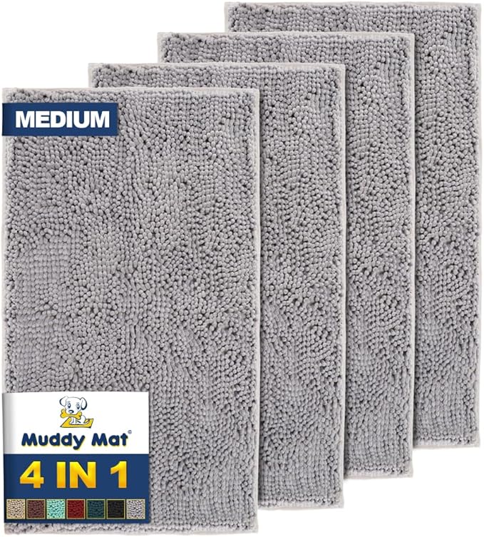 Muddy Mat® 4-Piece Grey Medium 30"X19" AS-SEEN-ON-TV Highly Absorbent Microfiber Door Mat, Bath Mat and Pet Rug, Non Slip Thick Washable, Soft Chenille for Kitchen Bathroom Bedroom Indoor and Outdoor-Ruum Studio Home