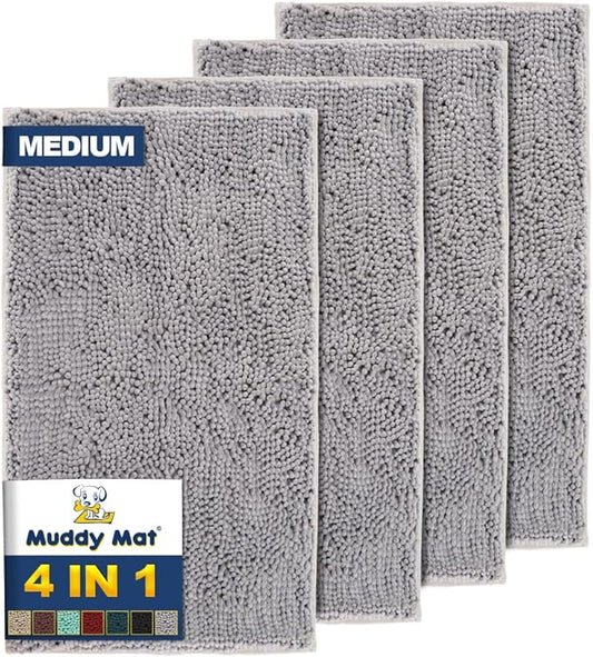 Muddy Mat® 4-Piece Grey Medium 30"X19" AS-SEEN-ON-TV Highly Absorbent Microfiber Door Mat, Bath Mat and Pet Rug, Non Slip Thick Washable, Soft Chenille for Kitchen Bathroom Bedroom Indoor and Outdoor-Ruum Studio Home
