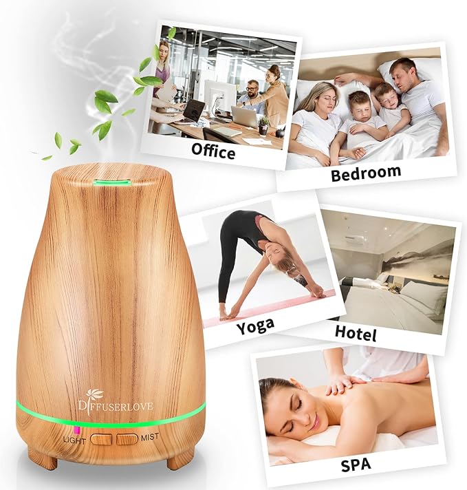 Diffuserlove Essential Oil Diffusers 200ML Diffuser Remote Control Aromatherapy Diffuser with 7 Color Lights, Auto Shut-Off for Bedroom Office Kitchen (Yellow Wood Grain)-Ruum Studio Home