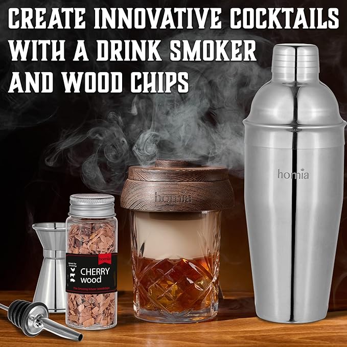 Bartender Kit with Whiskey Smoker - 13 pcs, Bamboo Stand - Bar Set with Cocktail Shaker, Bartending Kit with Essential Bar Accessory Tools, Wood Chips, Steel-Ruum Studio Home