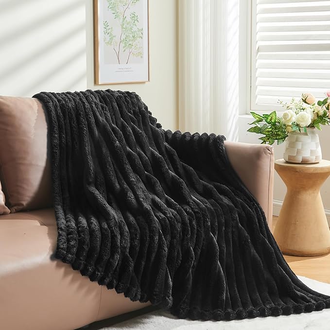 NEWCOSPLAY Super Soft Throw Blanket Black Premium Silky Flannel Fleece 3D Ribbed Jacquard Lightweight Bed Blanket All Season Use (Black Ribbed, Throw(50"x60"))-Ruum Studio Home