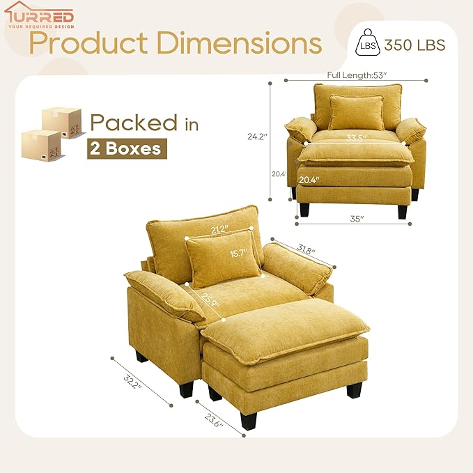 URRED Modular Sectional Sofa Comfy Cloud Couch, Modern Chenille Sofa Sleeper Deep Seat Couches with Ottoman/Pillows for Living Room (Yellow, 53''- Ottoman)-Ruum Studio Home