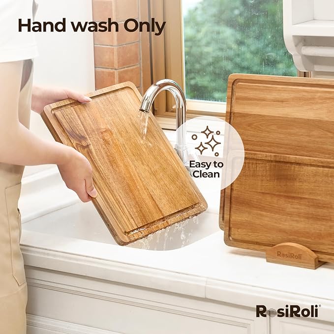 Acacia Wood Cutting Board for Kitchen, 3 Set with Holder - FSC Certified Large Wood Charcuterie Cheese Board with Handles and Juice Grooves, Wooden Chopping Block, Ideal Gift Set of 3 (S/M/L)-Ruum Studio Home