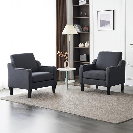 VINGLI Accent Chairs Set of 2 Living Room Chairs Dark Grey Reading Chair for Bedroom Scooped Arm Chair Mid Century Modern Linen Chairs Upholstered Comfy Chair for Apartment, Waiting Room-Ruum Studio Home
