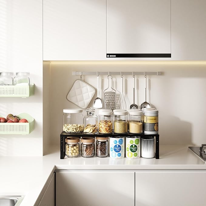 Expandable,Adjustable & Stackable Spice Rack, Cabinet Kitchen Countertop Shelf Organizer,Metal Pantry Storage Shelves - Space-Saving Storage Solution(1Pack/Black/Medium)-Ruum Studio Home