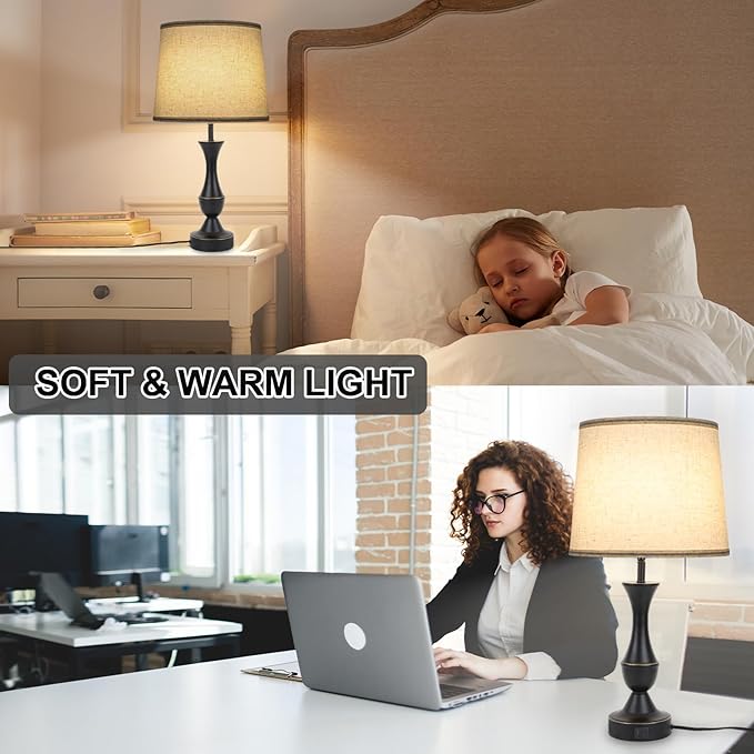 Touch Lamps for Bedrooms Set of 2, Farmhouse Table Lamp with USB C Charging Port, 3 Way Dimmable Nightstand Lamps with Linen Fabric Lampshade for Bedroom, Living Room (Pack2-Black)-Ruum Studio Home