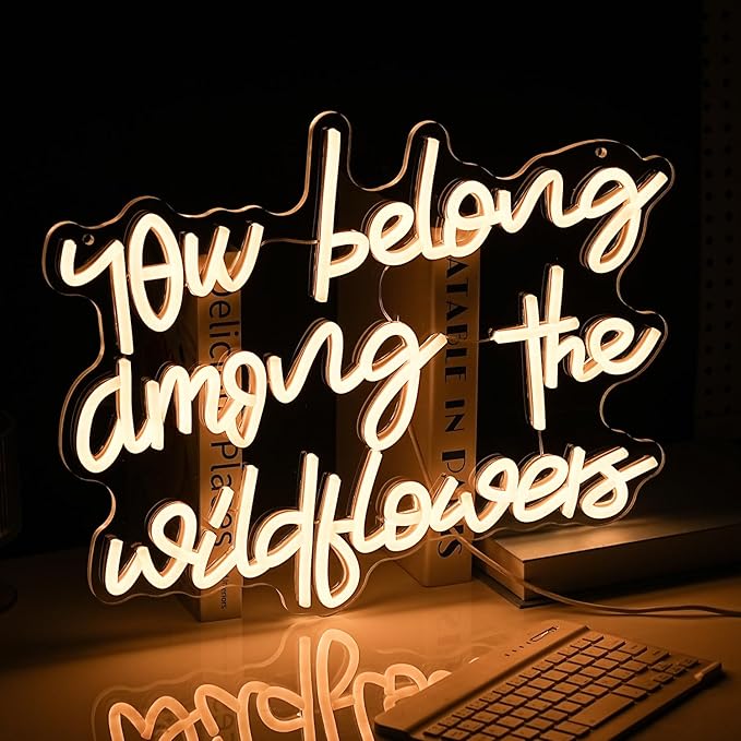 You Belong Among The Wildflowers Neon Sign for Wall Decor Dimmable Warm White LED Letters Neon Light for Living Room Garden Art Wall Neon Decor Personzalized Gift(16.5 * 12.6In)-Ruum Studio Home