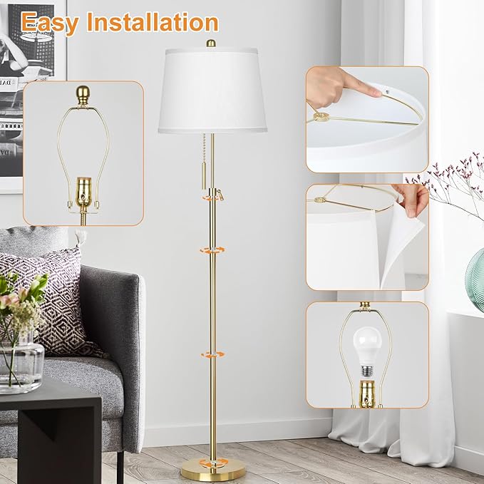 Gold Floor Lamp for Living Room, Tall Standing Lamp 55-65" Adjustable Modern Brass Floor Lamps for Bedroom Reading Office Kids 3 Color Lights Corner Night Stand (9W LED Bulb, White Shade)-Ruum Studio Home