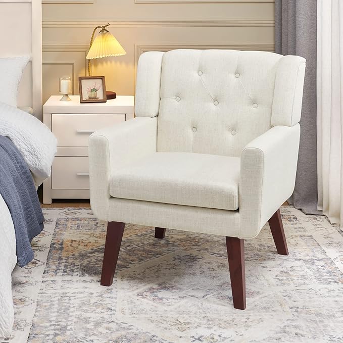 Accent Chair Button-Tufted Upholstered Living Room Chairs Comfy Reading Chair Mid Century Modern Chair with Linen Fabric Lounge Arm Chairs for Living Room Bedroom (Beige Set of 2)-Ruum Studio Home
