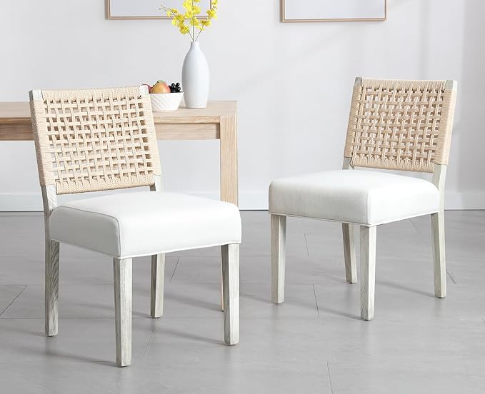 Kmax Farmhouse Dining Chairs Set of 2, Rustic Kitchen Chairs with Linen Fabric Seat and Woven Back, Vintage Accent Chairs for Dining Room, Living Room, Ivory-Ruum Studio Home