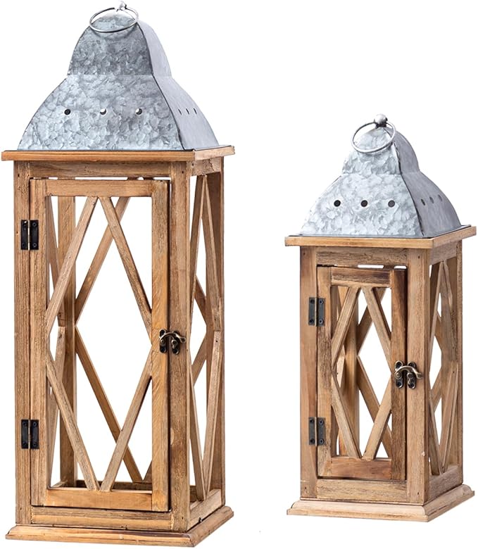 Large Farmhouse Wooden Metal Lantern Set of 2, Rustic Decorative Floor Candle Lanterns, Indoor/Outdoor Hanging Lanterns for Home Decor (No Glass)-Ruum Studio Home