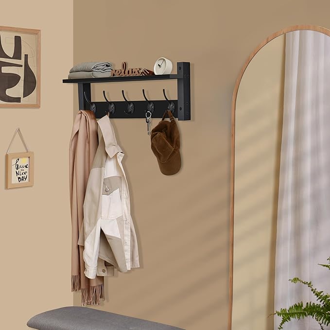 Sorbus Coat Hooks Wall Mount with Shelf – 24 Inch Coat Rack Wall Mount with 5 Heavy Duty Hooks – Floating Wall Shelf with Hooks for Entryway, Bathroom, Bedroom, Kitchen, or Mudroom (Black)-Ruum Studio Home