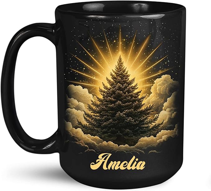 Spiritual Nature Themed Ceramic Cup, Custom Name Coffee Mug 11oz or 15oz, Personalized Pine Tree Black Cup for Christmas, Custom Winter Season Coffee Mug, Gifts for Friends, Family-Ruum Studio Home